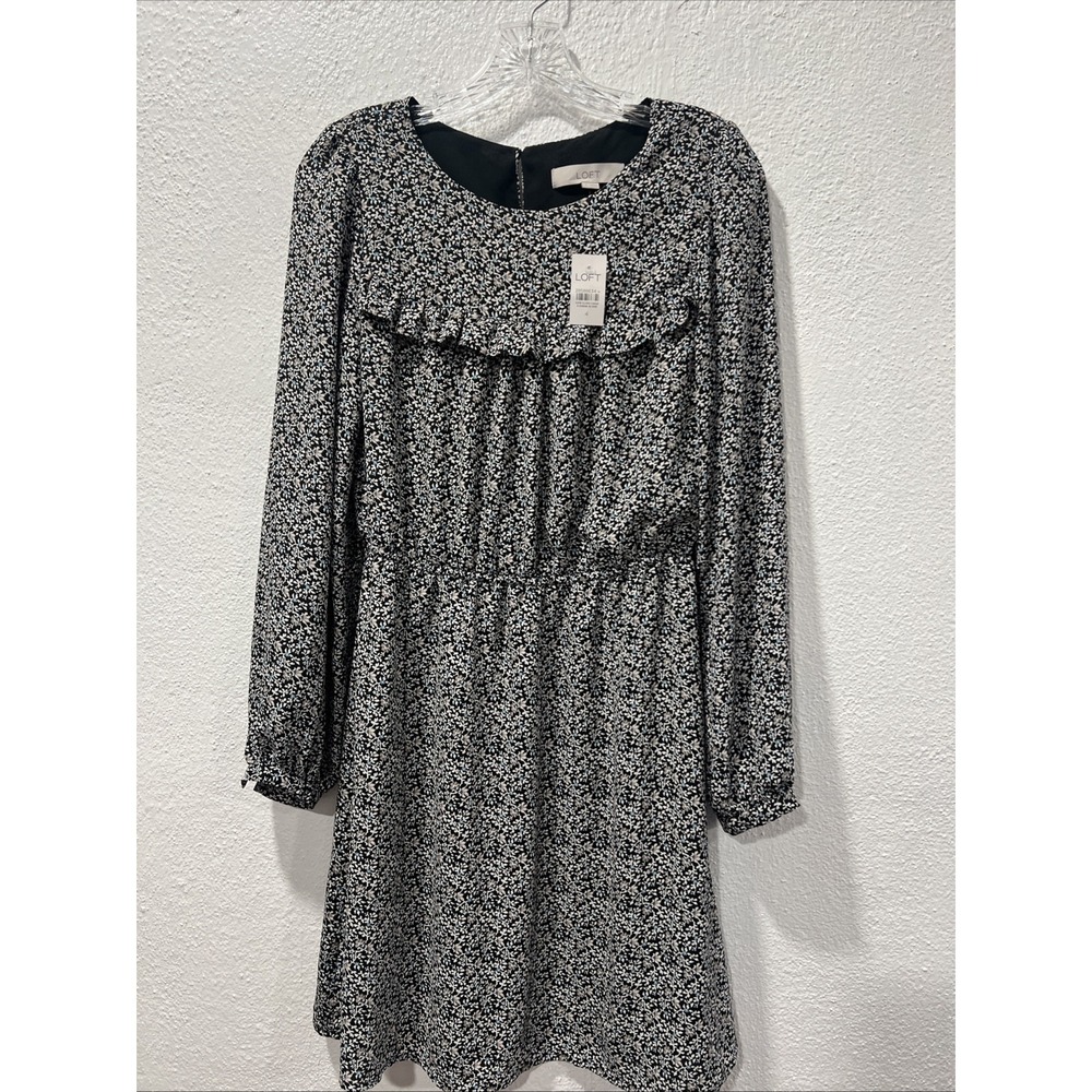 LOFT Peasant Boho Dress Blouson Top Floral Print Size 4 Ruffle Black Long Sleeve
